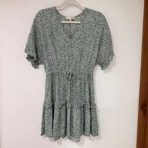 PINCH Floral V-Neck Tiered Mini Dress Womens Size Small Green Boho | Cottagecore